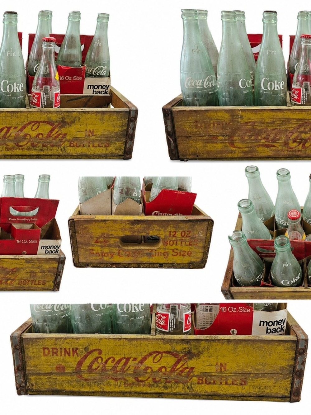 Coca Cola Yellow Wooden Bottle Crate with Glass Bottles